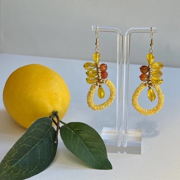 Lemon Drop Amber and Gold Beaded Sparkly Dangle Earrings - Picture 6 of 7